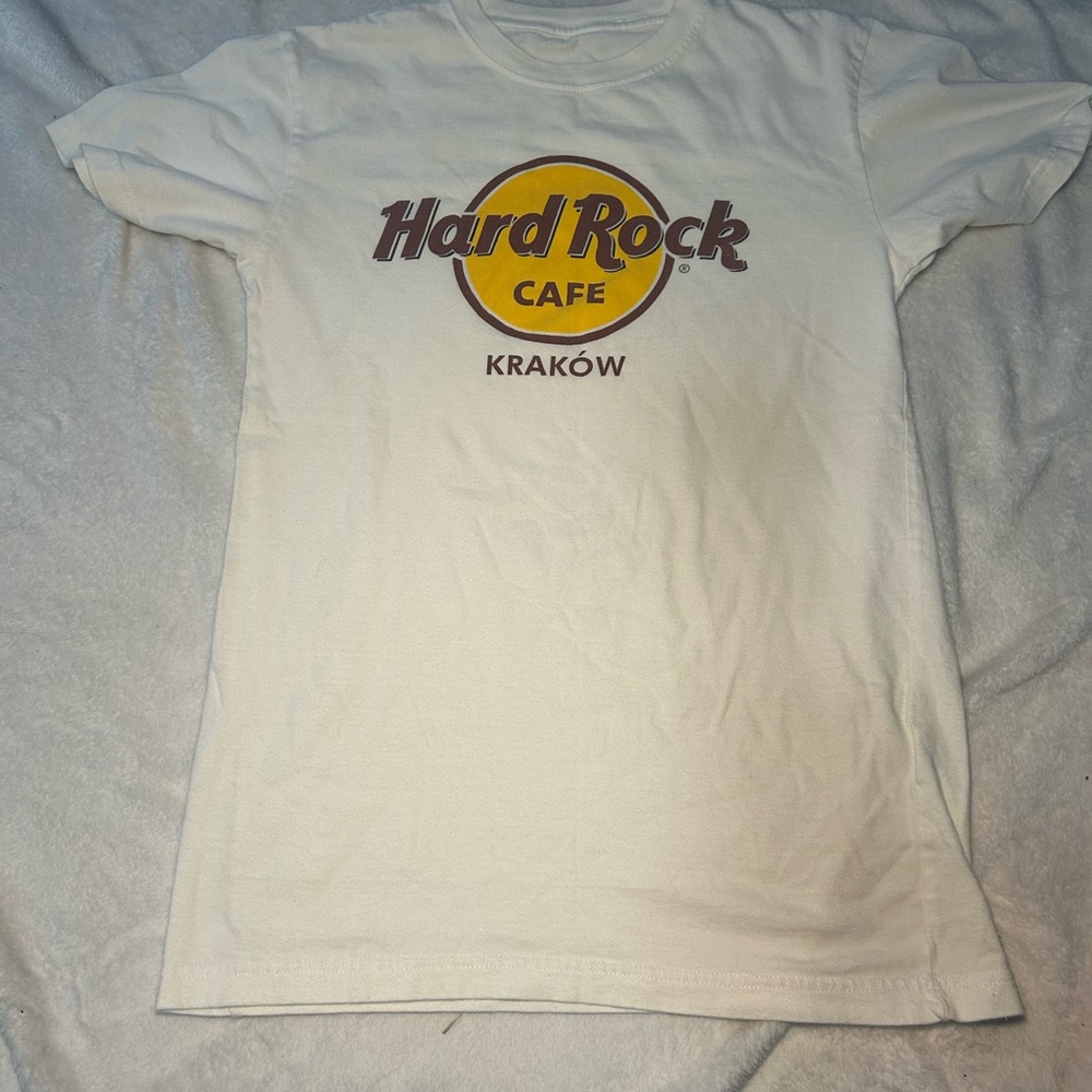 Hard Rock Cafe Krakow T-Shirt White Short Sleeve Graphic Logo Tee Mens Small